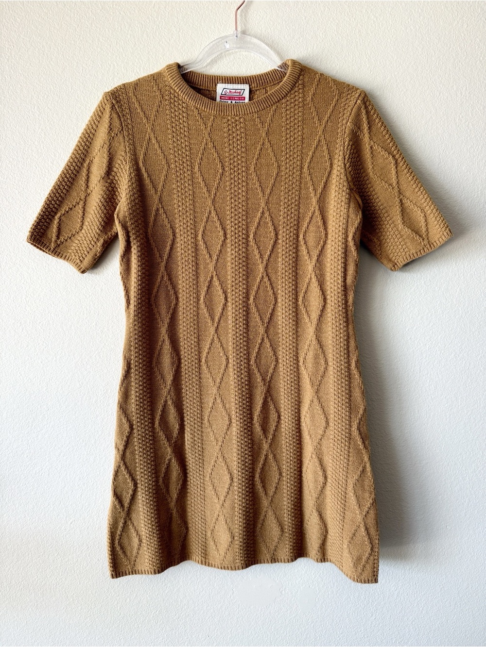 Vintage 60s 70s St Michael Mini Sweater Dress Mustard Cable Knit Short Sleeve